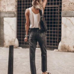 The Black Shimmer Straight Jeans -Mikuta Store mikuta back shimmer straight jeans white base tank top black studded leather sandals charcoal small canvas bag model lara 5136 scaled
