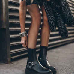 The Black Biker Boots -Mikuta Store mikuta black biker boots black sparkly short straight tweed skirt black sparkly tweed bomber jacket 7196 scaled