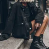 The Black Denim Jacket -Mikuta Store mikuta black denim jacket dark short loose t shirt dress black laced leather boots 7267 scaled