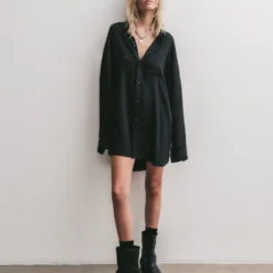 The Black Flowy Shirt Dress -Mikuta Store mikuta black flowy shirt dress black buckle boots marie c SS25 1853 scaled