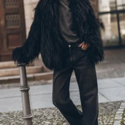 The Black Fluffy Jacket -Mikuta Store mikuta black fluffy jacket black loose jeans 9402 scaled