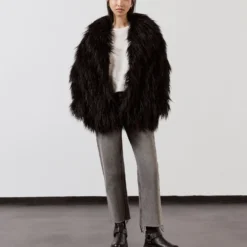 The Black Fluffy Jacket -Mikuta Store mikuta black fluffy jacket grey cropped straight jeans black biker boots model lisa 1 scaled