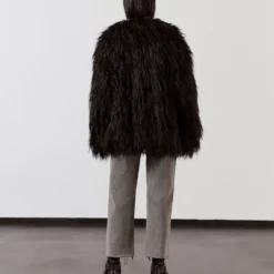 The Black Fluffy Jacket -Mikuta Store mikuta black fluffy jacket grey cropped straight jeans black biker boots model lisa 2 scaled