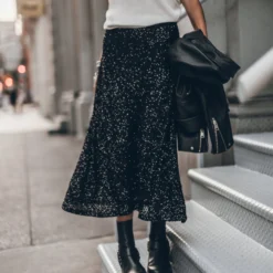 The Black Long Sequin Skirt 8 The Black Long Sequin Skirt -Mikuta Store mikuta black long sequin skirt black biker boots off white dry cotton vintage t shirt leather jacket 6712 scaled