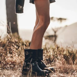 The Black Buckle Boots -Mikuta Store mikuta black loose linen longsleeve black denim skirt black buckle boots 2788 scaled