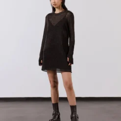 The Black Metallic Knit Dress -Mikuta Store mikuta black metallic knit dress black biker boots model lisa 2 scaled