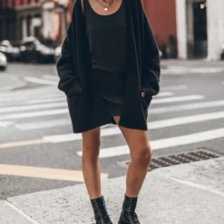 The Black Oversized Knitted Cardigan -Mikuta Store mikuta black oversized knitted cardigan dark base tank top leather skirt black laced leather boots 4084 scaled