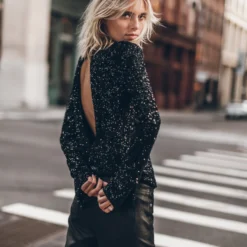 The Black Sequin Blouse 19 The Black Sequin Blouse -Mikuta Store mikuta black sequin blouse straight leather pants model marie 3072 scaled