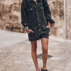 The Black Short Denim Jumpsuit -Mikuta Store mikuta black short denim jumpsuit large raffia basket bag black leather buckle sandals 4293 scaled