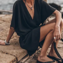 The Black Short Kaftan Dress 7 The Black Short Kaftan Dress -Mikuta Store mikuta black short kaftan dress black studded leather sandals 9526 scaled