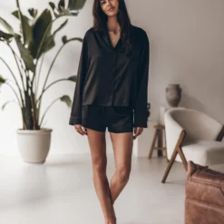The Black Silk Shirt -Mikuta Store mikuta black silk shirt black silk boxer shorts leonie s ss25 6545 scaled