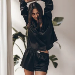 The Black Silk Shirt -Mikuta Store mikuta black silk shirt black silk boxer shorts leonie s ss25 6789 scaled