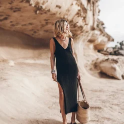 The Black Thin Long Knit Dress -Mikuta Store mikuta black thin long knit dress black studded leather sandals 4665 scaled