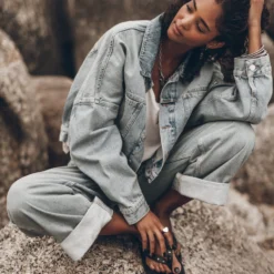 The Blue Cropped Denim Jacket -Mikuta Store mikuta blue cropped denim jacket blue baggy jeans black studded leather sandals emma a ss25 7715 scaled