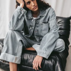 The Blue Cropped Denim Jacket -Mikuta Store mikuta blue cropped denim jacket blue baggy jeans white standard tank top black studded leather sandals aya f SS25 2852 scaled