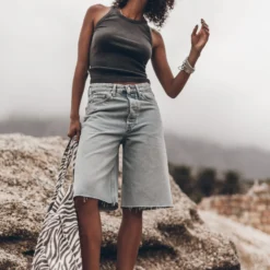 The Blue Denim Bermuda Shorts -Mikuta Store mikuta blue denim bermuda shorts dark faded standard tank top studded leather sandals zebra large canvas bag emma a SS25 7135 scaled