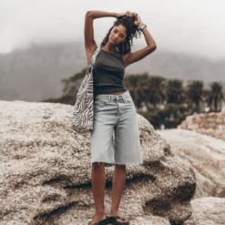 The Blue Denim Bermuda Shorts -Mikuta Store mikuta blue denim bermuda shorts dark faded standard tank top studded leather sandals zebra large canvas bag emma a SS25 7153 scaled