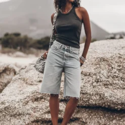 The Blue Denim Bermuda Shorts -Mikuta Store mikuta blue denim bermuda shorts dark faded standard tank top studded leather sandals zebra large canvas bag emma a ss25 7083 scaled