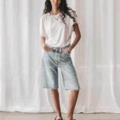 The Blue Denim Bermuda Shorts -Mikuta Store mikuta blue denim bermuda shorts white bat t shirt beige suede buckle sandals aya f SS25 2597 scaled