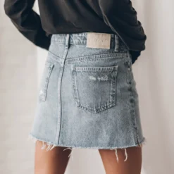 The Blue Slit Denim Skirt -Mikuta Store mikuta blue denim skirt alisa model 2 scaled