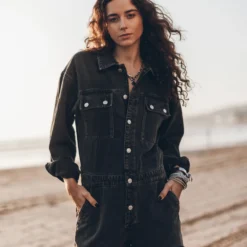 The Black Short Denim Jumpsuit -Mikuta Store mikuta charcoal short denim jumpsuit model aina 5421 scaled