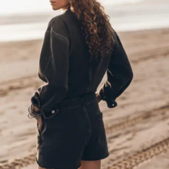 The Black Short Denim Jumpsuit -Mikuta Store mikuta charcoal short denim jumpsuit model aina 5425 scaled