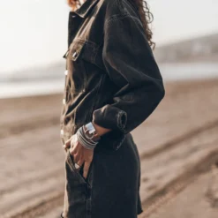 The Black Short Denim Jumpsuit -Mikuta Store mikuta charcoal short denim jumpsuit model aina 5450 scaled