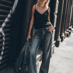 The Dark Blue Loose Jeans 8 The Dark Blue Loose Jeans -Mikuta Store mikuta dark blue loose jeans black slip tank top dark blue denim jacket black platform sneakers model marie 0878 scaled