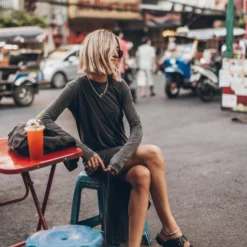 The Dark Faded Longsleeve Dress -Mikuta Store mikuta dark faded longsleeve dress black leather buckle sandals charcoal small canvas bag 2846 scaled