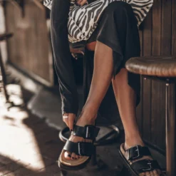 The Black Leather Buckle Sandals -Mikuta Store mikuta dark faded longsleeve dress black leather buckle sandals zebra small canvas bag 0511 scaled