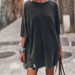 The Dark Faded Short Loose T-Shirt Dress -Mikuta Store mikuta dark faded loose short t shirt dress dark faded base biker shorts 5729 scaled