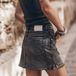 The Black Shimmer Slit Denim Skirt 8 The Black Shimmer Slit Denim Skirt -Mikuta Store mikuta dark faded ribbed standard tank top black shimmer denim skirt 4126 scaled