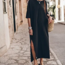 The Dark Long Loose T-Shirt Dress -Mikuta Store mikuta dark loose long t shirt dress black studded leather sandals 6371 scaled