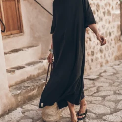 The Dark Long Loose T-Shirt Dress -Mikuta Store mikuta dark loose long t shirt dress black studded leather sandals 6607 scaled