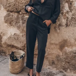 The Dark Chill Pants -Mikuta Store mikuta dark loose lyocell shirt dark chill pants black studded leather sandals model aina 3133 cropped scaled