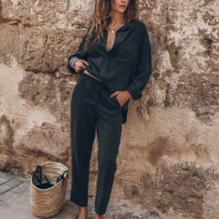 The Dark Chill Pants -Mikuta Store mikuta dark loose lyocell shirt dark chill pants black studded leather sandals model aina 3133 scaled