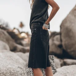 The Black Denim Bermuda Shorts -Mikuta Store mikuta dark regular cotton t shirt black bermuda denim shorts zebra leather sandals johanna r ss25 5013 scaled