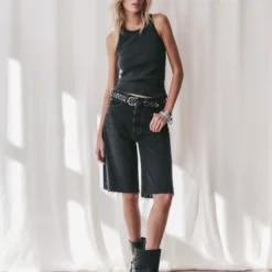 The Black Denim Bermuda Shorts -Mikuta Store mikuta dark standard tank top black bermuda denim shorts studded belt black buckle boots marie c SS25 1259 scaled
