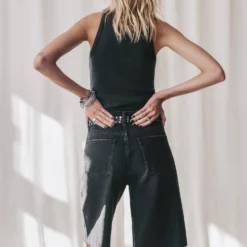 The Black Denim Bermuda Shorts -Mikuta Store mikuta dark standard tank top black bermuda denim shorts studded belt black buckle boots marie c SS25 1342 scaled