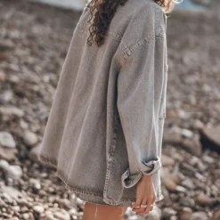 The Khaki Faded Denim Overshirt -Mikuta Store mikuta khaki faded denim overshirt skirt dark dry cotton vintage t shirt black laced leather boots model aina 2887 scaled