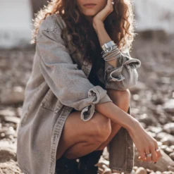 The Khaki Faded Denim Overshirt -Mikuta Store mikuta khaki faded denim overshirt skirt dark dry cotton vintage t shirt black laced leather boots model aina 3103 138c1918 f667 423d a4a6 ce147bbe6ead scaled