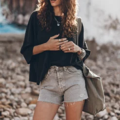Mikuta Store -Mikuta Store mikuta khaki faded denim shorts dark loose cotton t shirt black laced leather boots khaki large canvas bag model aina 3277 7550f080 dfe3 461e 8b54 5f2474aa28c6 scaled