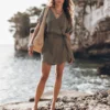 The Khaki Linen Kimono Dress -Mikuta Store mikuta khaki linen kimono dress black studded leather sandals relaxed raffia bag model aina 1069 scaled