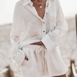 The White Linen Shorts -Mikuta Store mikuta light linen shirt shorts 0432 scaled