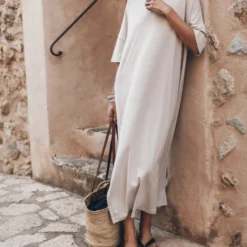 The Light Long Loose T-Shirt Dress -Mikuta Store mikuta light loose long t shirt dress black studded leather sandals 5335 scaled