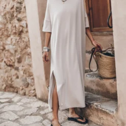 The Light Long Loose T-Shirt Dress -Mikuta Store mikuta light loose long t shirt dress black studded leather sandals 5466 scaled