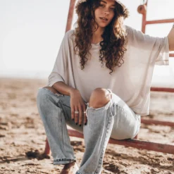 The Light Loose Lyocell T-Shirt -Mikuta Store mikuta light loose lyocell t shirt blue ripped relaxed jeans light bucket hat model aina 8672 scaled