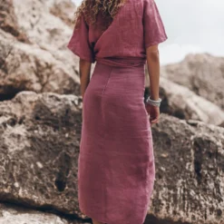 The Pink Long Linen Knot Skirt -Mikuta Store mikuta pink faded knotted linen wrap top pink faded long linen knot skirt model aina 2917 scaled
