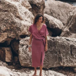 The Pink Long Linen Knot Skirt -Mikuta Store mikuta pink faded knotted linen wrap top pink faded long linen knot skirt model aina 2956 b1855832 5646 406a a670 e96cfb5f4f40 scaled