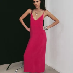 The Pink Long Cupro Slip Dress -Mikuta Store mikuta pink long cupro dress black leather buckle sandals aya f SS25 1686 scaled